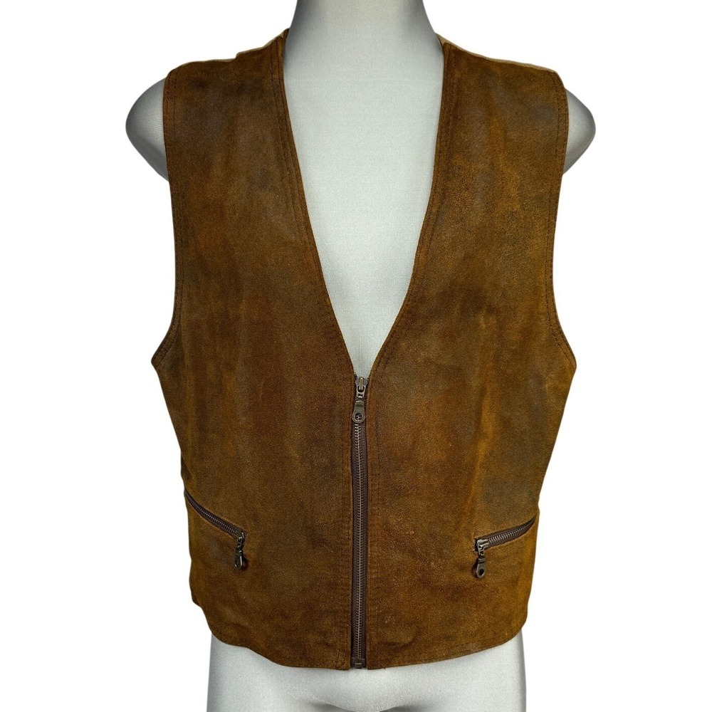 VTG AUTHENTIC Suede Leather Brown Corduroy Back Western 90's Vest Sz S
